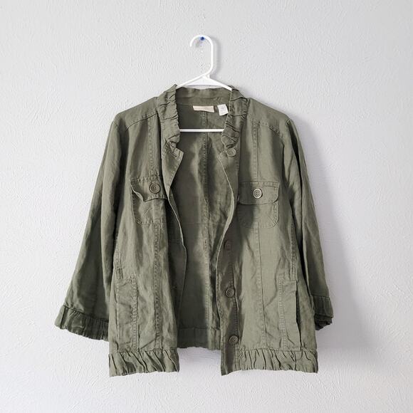 Chico's Women's Linen Button Up Lagen look Jacket in army green - Picture 1 of 11